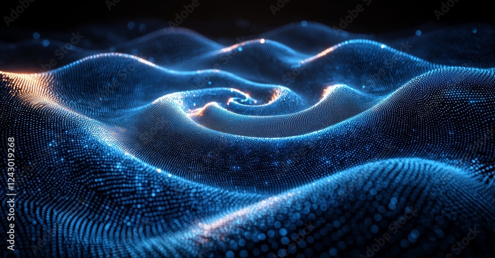 Poster abstract glowing light and high-tech blue energy tunnel framed by lines and particles within a futur