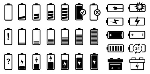 set of battery icons vector illustration, symbol battery recharge , energy, charger and more