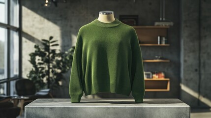 Oversized green sweater mockup displayed on a mannequin, placed on a concrete table in a chic, minimalist studio setup.