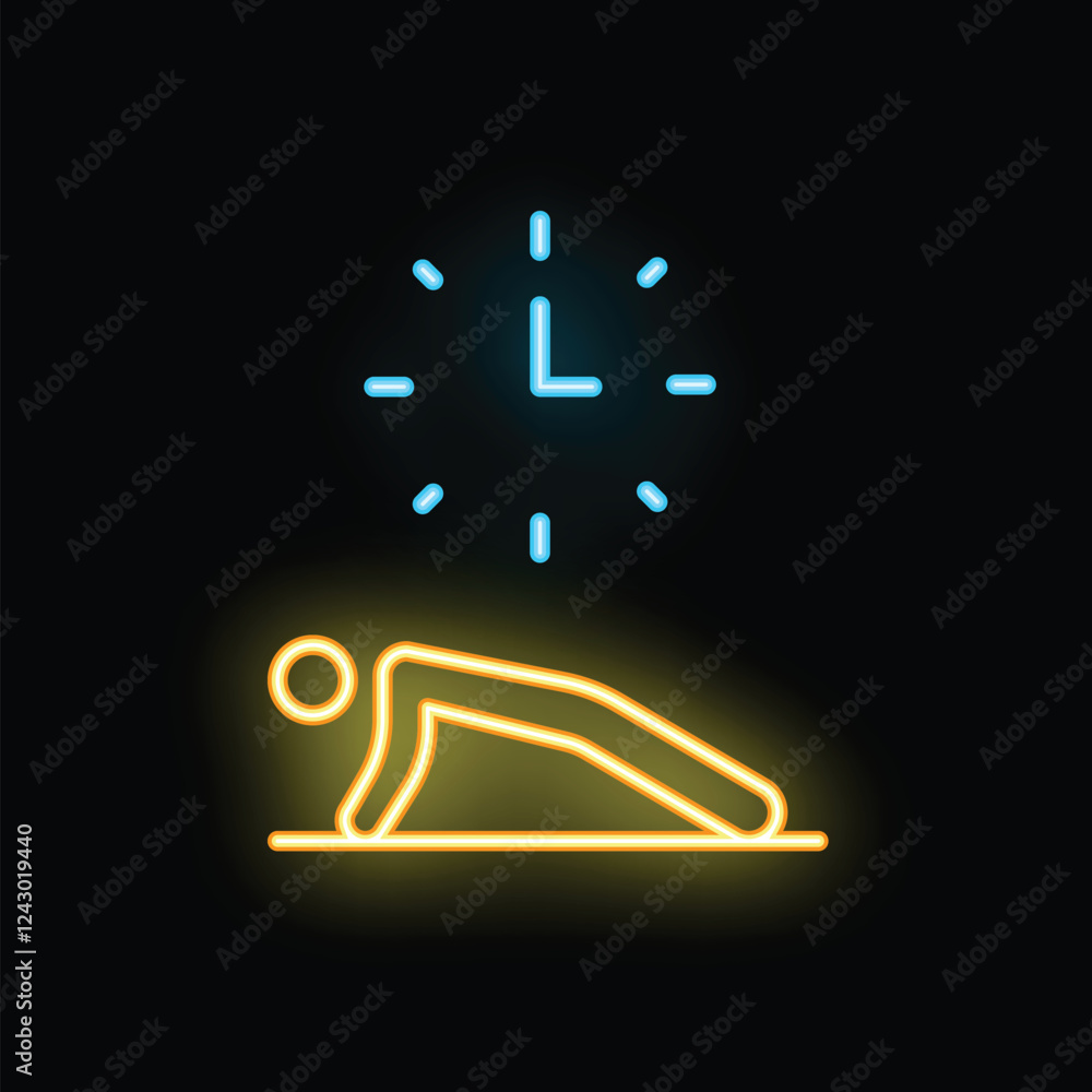 Aufkleber neon sign representing a person doing plank exercise with a clock above on a dark background