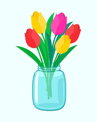 Bouquet of tulips in a glass jar colorful vector illustration, decor element for greeting card, banner