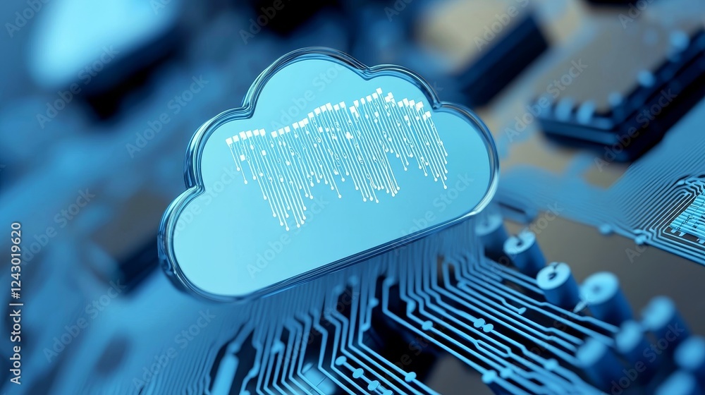 Poster futuristic hologram combined with digital informational technology web and cloud icon, in a blue gol