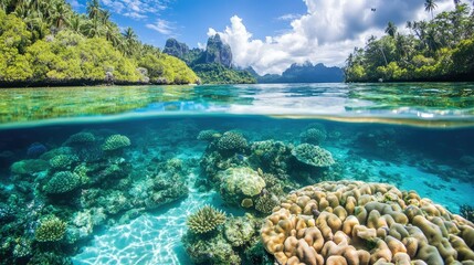 Panoramic underwater view showing the stark difference between thriving coral ecosystems and bleached coral areas