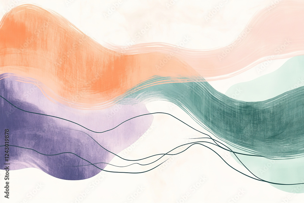 Poster fluid abstract lines and waves in soft pastel colors flowing gently across a light background