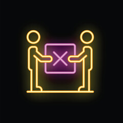 Neon sign of a rejected parcel being carried by two couriers