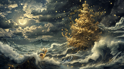 3d modern art mural wallpaper night landscape, white clouds with dark background. Golden Christmas tree, mountain, golden deer, light moon, golden and black waves. for wall decoration