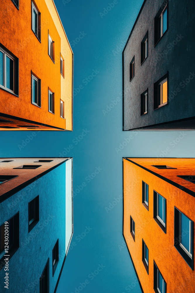 Poster vibrant modern architecture with symmetrical design and colorful facades in urban setting captured f