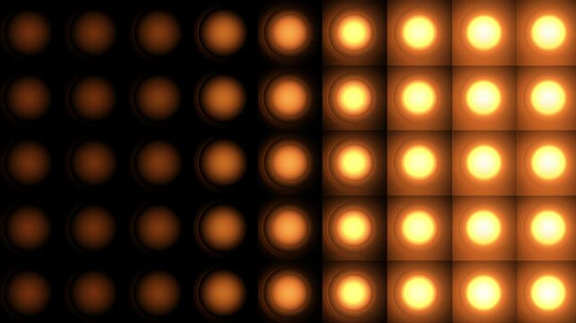 Golden disco lights background. Disco party glowing animation. Flicker wall lights. Night club, music video, LED screen and projector, glamour and fashion event, jazz, pop.