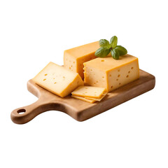golden yellow cheese cubes On a wooden tray isolated on a white background