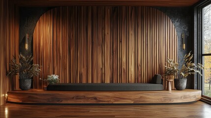 Fototapeta premium A natural wood lath arranged in a line pattern serves as the textured background