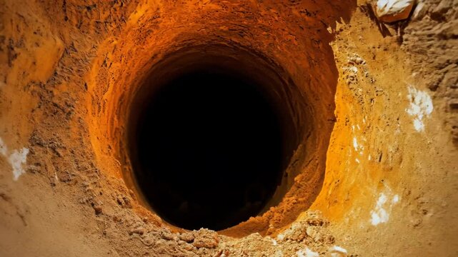 Deep dark hole revealing a mysterious underground cavity at an excavation site in daylight