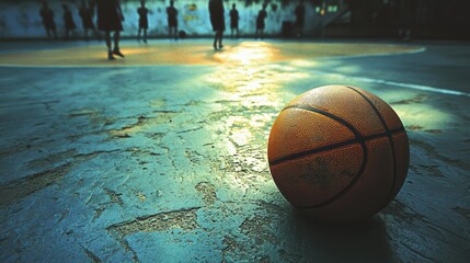 Vibrant outdoor basketball scene with silhouetted players