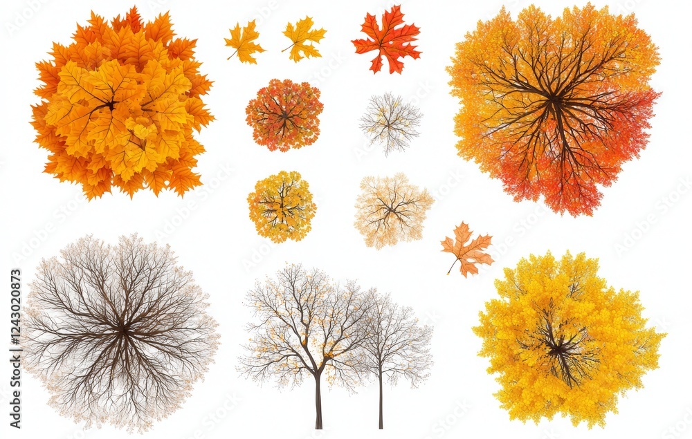 Poster autumn vibrant colors of trees set on transparent backgrounds in a 3d render png