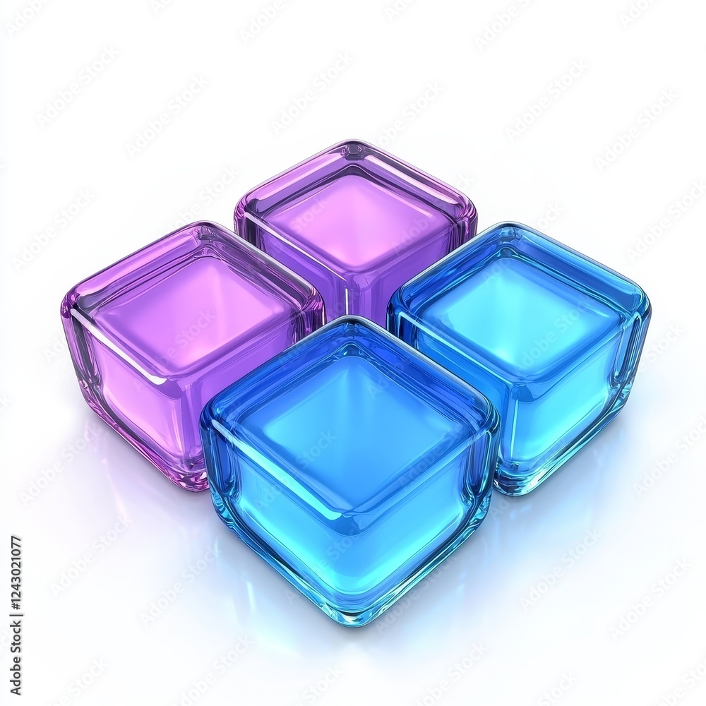Poster an ensemble of floating, translucent cubes arranged in an abstract form, visually presented in a 3d 