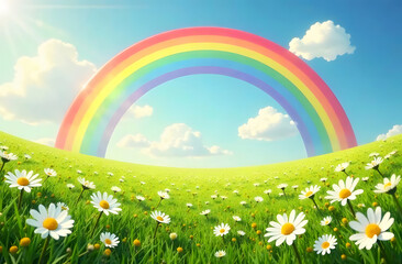 Rainbow over meadow with daisies. Beautiful rainbow arches over a sunlit meadow filled with daisies, symbolizing hope, peace, and inclusivity, perfect for cheerful designs, nature themes