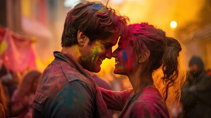 Young couple sharing a tender moment at Holi