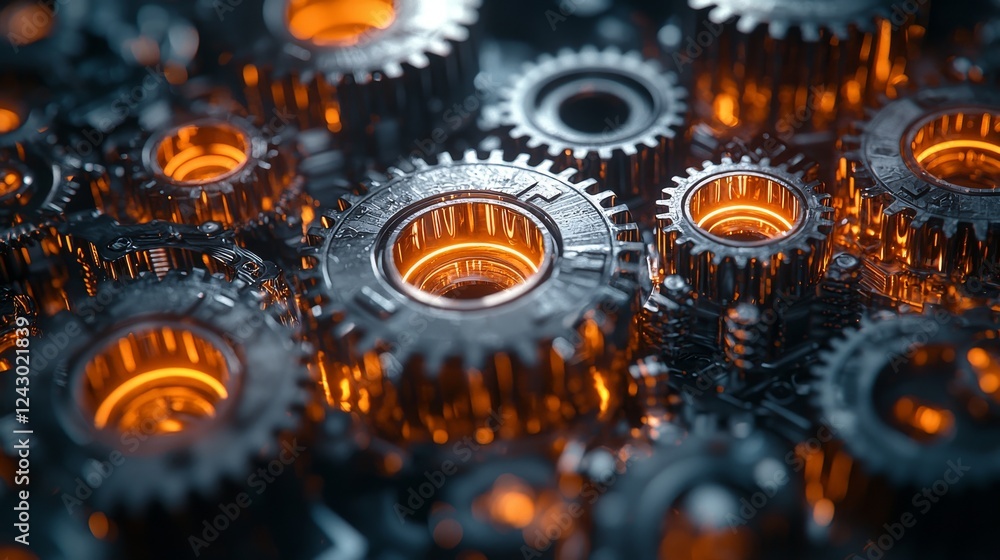 Poster close-up of machine gears with a science and technology light reflection, close view of gears, blue 