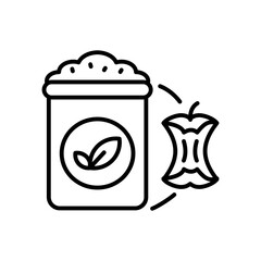 Composting line icon, Depicts a compost bin and an apple core, ideal for environmental, waste reduction, composting, organic recycling, or sustainable living themes.