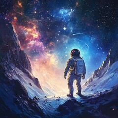Weightless astronaut floating in infinite space with glowing Earth and ship