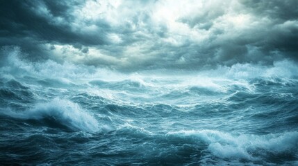 Dramatic and stunning storm clouds over the ocean with rain and waves