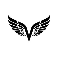 Obraz premium Winged Letter V Black Logo Design, Black letter V with symmetrical wings, forming a bold and stylish logo. Ideal for branding, aviation, business, sports, or creative identity. 