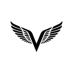 Fototapeta premium Winged Letter V Black Logo Design, Black letter V with symmetrical wings, forming a bold and stylish logo. Ideal for branding, aviation, business, sports, or creative identity. 