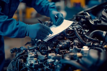 Car service and auto check concept: An automobile repairman notes a job checklist on a clipboard, while a mechanic examines the engine to assess repair needs, with an engineer conducting maintenance