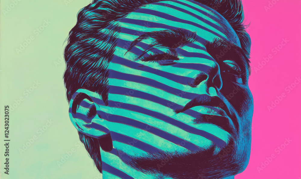 Poster vibrant abstract portrait: exploring striking color contrasts and surreal patterns in modern artisti