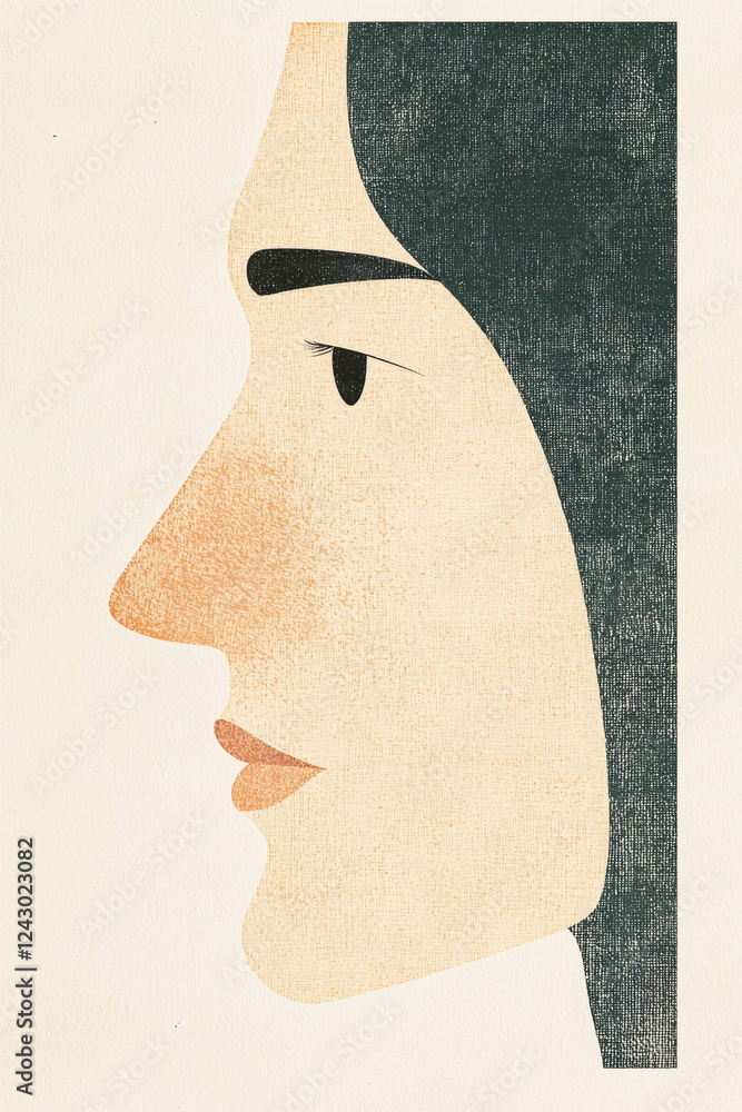 Poster minimalistic side profile illustration of a human face with expressive features and textured artisti