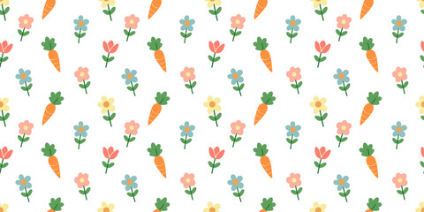 Seamless Easter Vector Pattern with Hand-Drawn Carrots and Spring Flowers