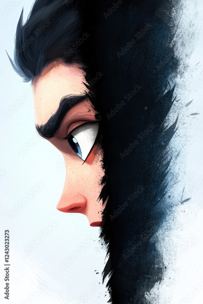 Aufkleber dynamic digital artwork of a character's expressive and intense profile with bold brushwork highligh