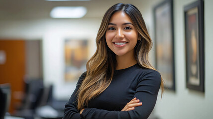 Happy young Hispanic professional business woman using tab standing in office. Happy businesswoman manager female executive leader holding tab at work