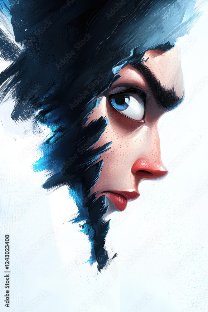 Poster striking digital portrait of intense expression with dynamic brushwork and vivid colors creating a s