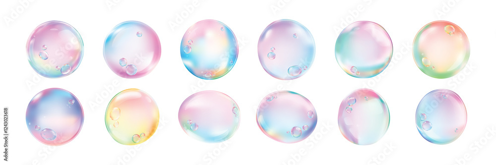 Poster png colorful iridescent soap bubbles floating on transparent background