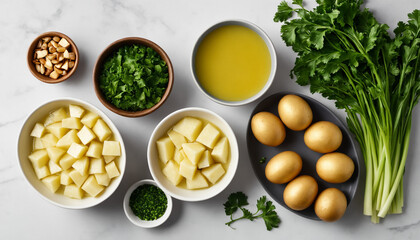 Ingredients Flatlay in Golden Colors, Representing Recipe Preparation