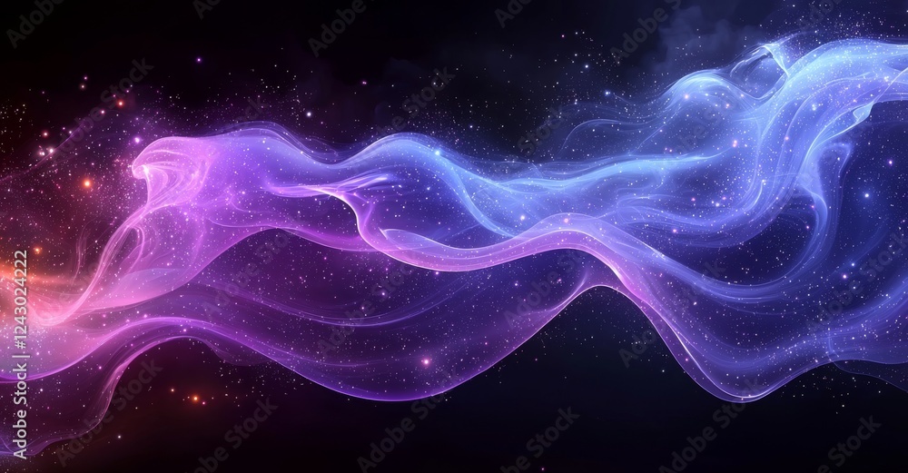 Poster futureuristic hi-tech mesh particles emit abstract purple energy waves against a glowing background.
