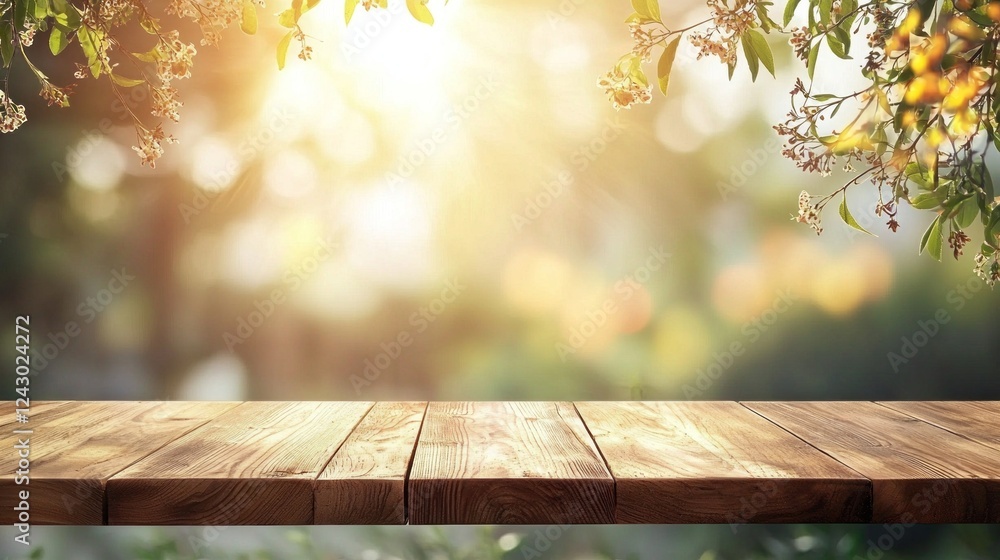 Poster golden sunlight filters through lush greenery, illuminating a rustic wooden table adorned with delic