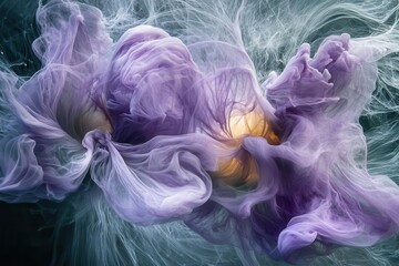 ethereal purple ink swirls dancing in crystalline water, captured in high-speed photography with...