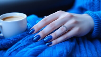 Fototapeta premium coffee with women's nails in blue tones