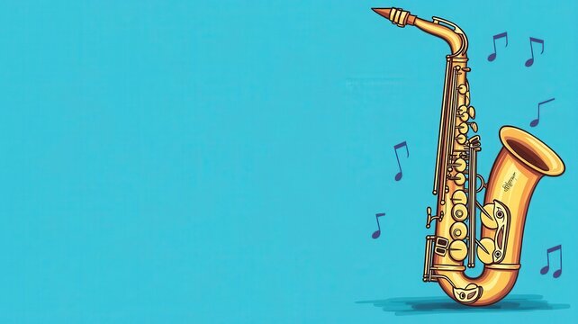 saxophone with music notes flat design side view blues theme cartoon drawing colored pastel
