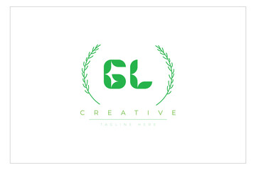 GL letters eco logo with leaf. Fresh nature and healthy leaf logo design.
