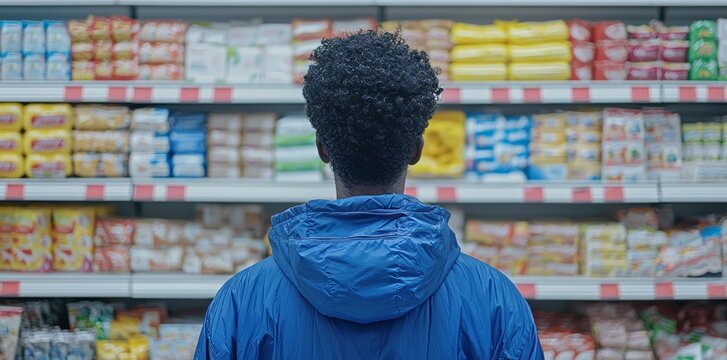 A shopper in a supermarket surrounded by a wide range of products on shelves.
