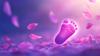 Naklejka premium Glowing purple baby footprint surrounded by pink petals, dreamy atmosphere.