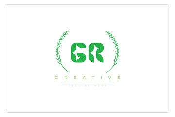 GR letters eco logo with leaf. Fresh nature and healthy leaf logo design.