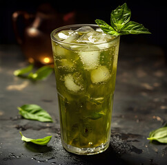 Iced green tea in a clear glass, a cold and refreshing drink.