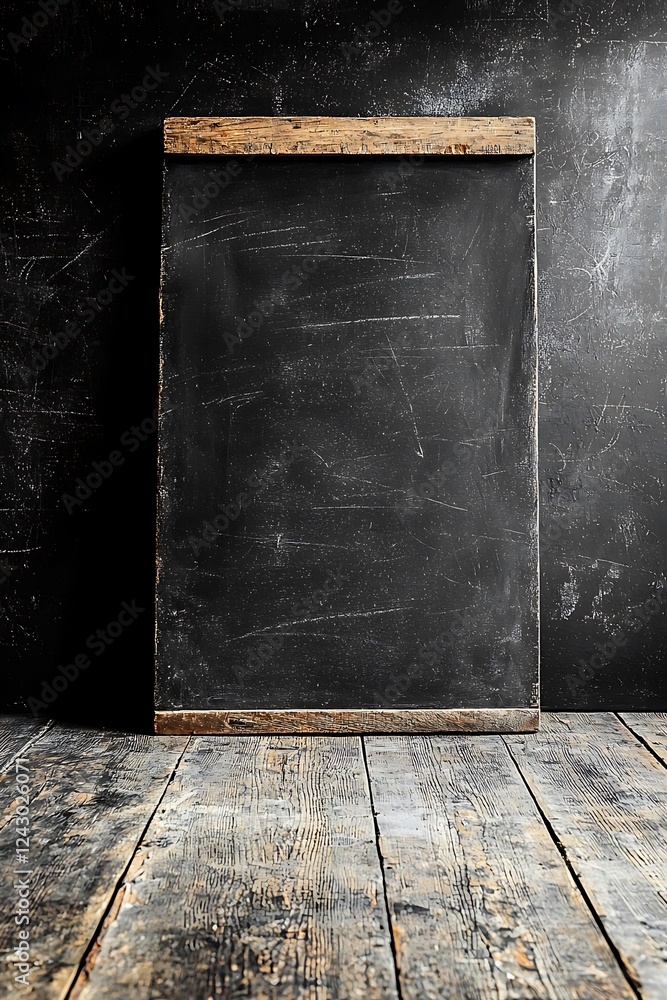 Poster stand before a uniform background of a black chalkboard, presenting a grainy texture that offers a c
