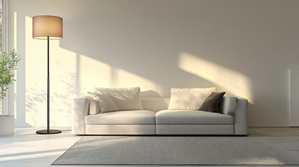 A rice-colored glass floor lamp sits beside a modern sofa in a living room setting.
