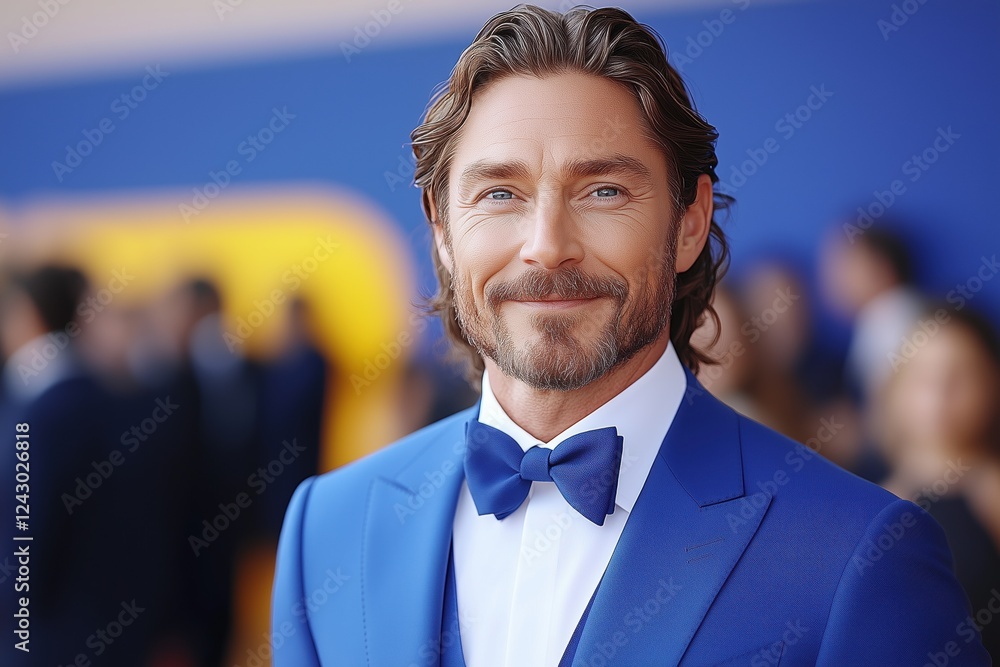 Poster a well-dressed man in a blue tuxedo with a bow tie, smiling confidently at an event. the background 