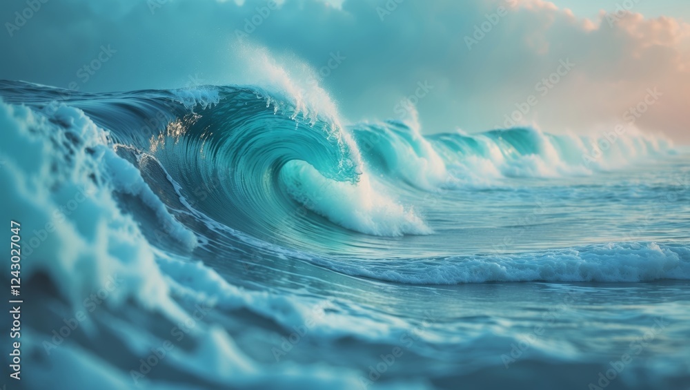 Poster waves crash along the shore at sunset, creating a mesmerizing display of colors and textures in the 