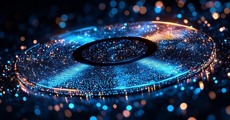 Fototapeta premium An abstract glowing looped light showcasing hi-tech energy in the form of a blue round ball sphere, resembling an atom clot of energy, composed of lines and particles in a futuristic style with an